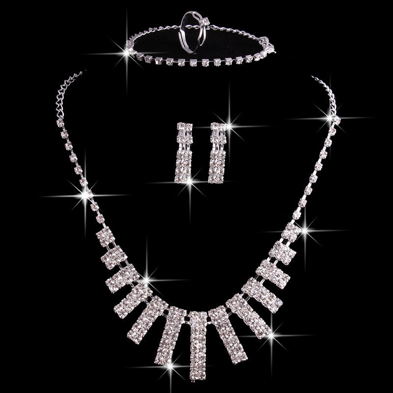 4 Pieces Rhinestones Necklace Set With Earrings Ring And Bracelet Fashion Jewelry For Women