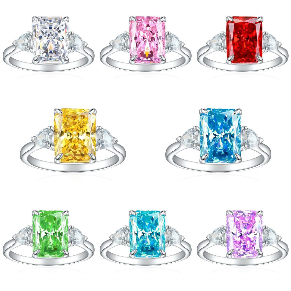 S925 Colorful Rectangular Rhinestone Ring Ins Fashion Love Rings For Women Luxury Jewelry